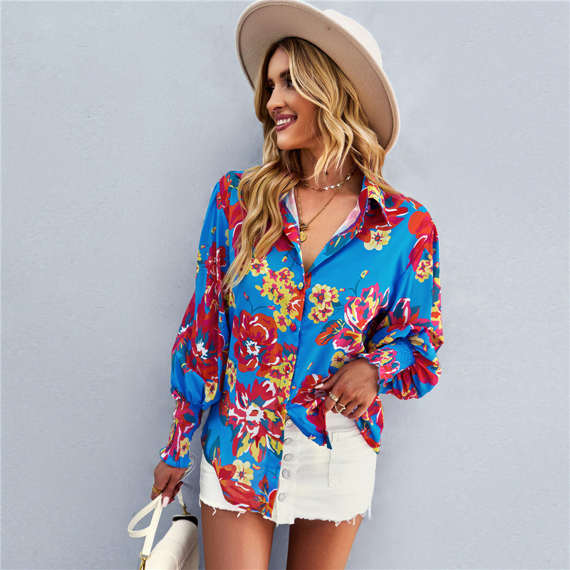European and American Explosions 2023eBay Amazon Spring Long Sleeve Joker Top Fashion Lantern Sleeve Printed Women's Shirt