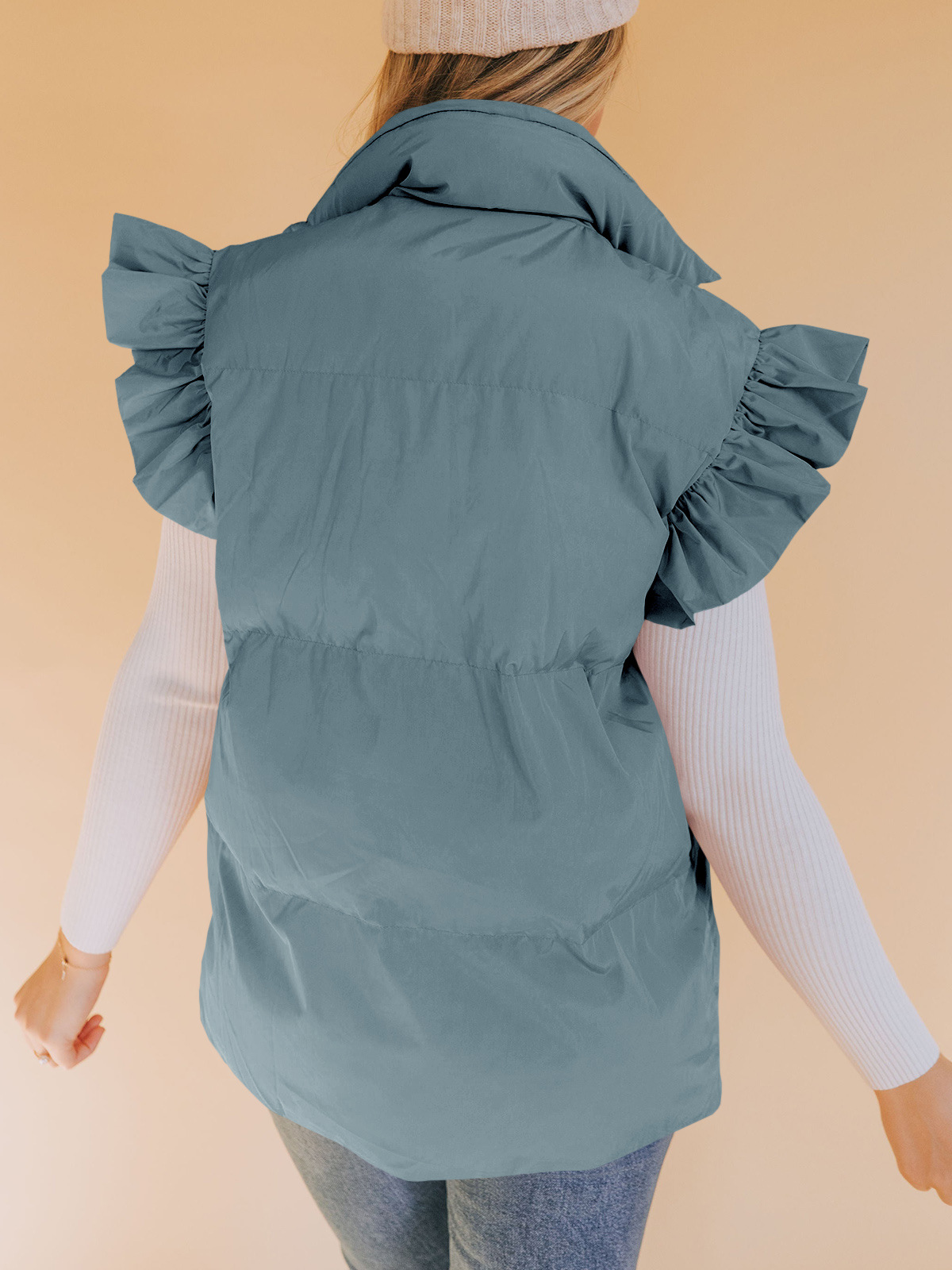 Grenzüberschreitende europäische und amerikanische Herbst- und Winterneuheiten mit lockerer Tasche und Baumwollpolsterung, fliegende Ärmel, elegante Weste, Stehkragen, Mode, Einreiher_voghion.com