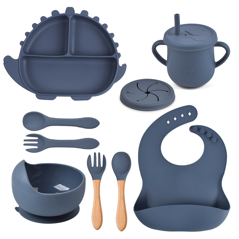 8-piece Children's silicone tableware suit dinosaur silicone dinner plate bib spoon Fork cup baby silicone dinner plate