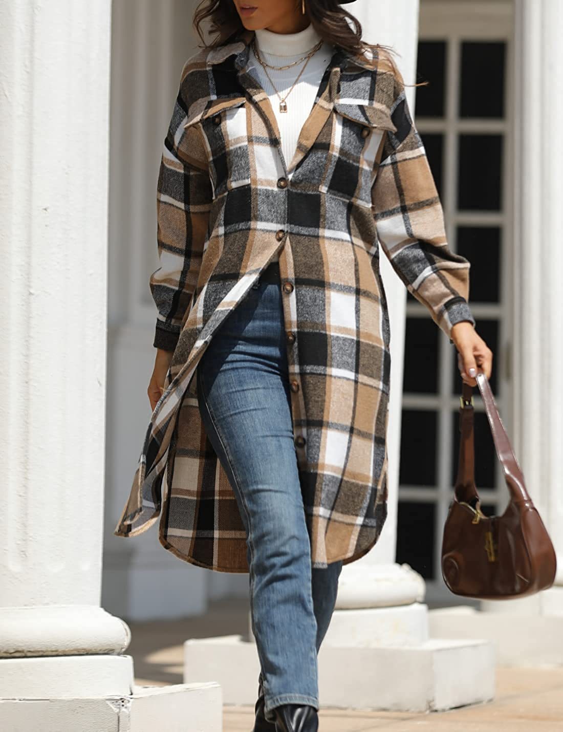 2021 Europe and America Cross-border Autumn and Winter New Women's Large Size Long Split Woolen Plaid Coat Coat_voghion.com
