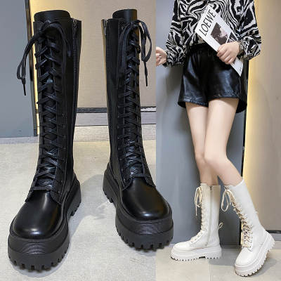 Women's long boots 2023 Autumn New British style lace-up slimming Knight boots thick-soled knee Martin boots for women