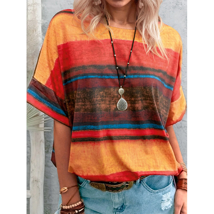 Amazon Explosions Foreign Trade Women's Cross-border 2021 New Summer European and American Gradient Contrast Women's Short-sleeved T-shirt for Women
