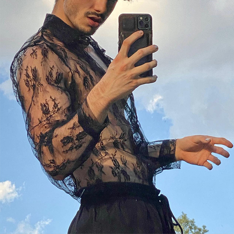 Cross-border Men's European and American Spring Casual Perspective Top Slim-fit Fashion Long-sleeved Sexy Shirt Men's Lace Shirt