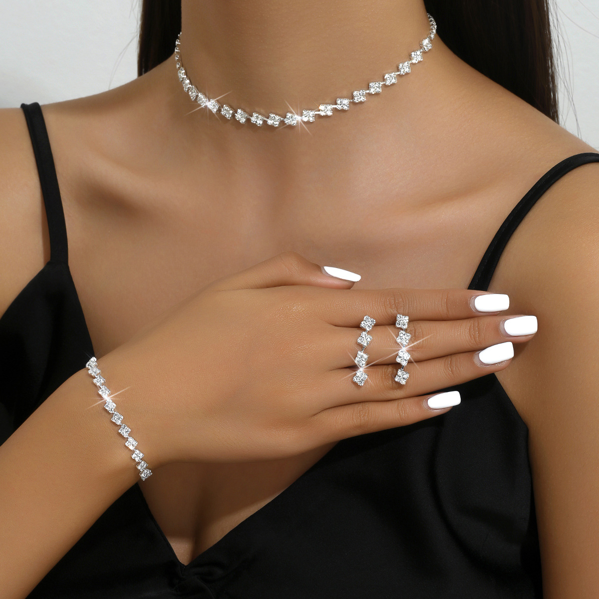2019 New Sparkling Silver Plated Korean Water Diamond Necklace Earrings Set Wedding Bride Accessory Chain 587