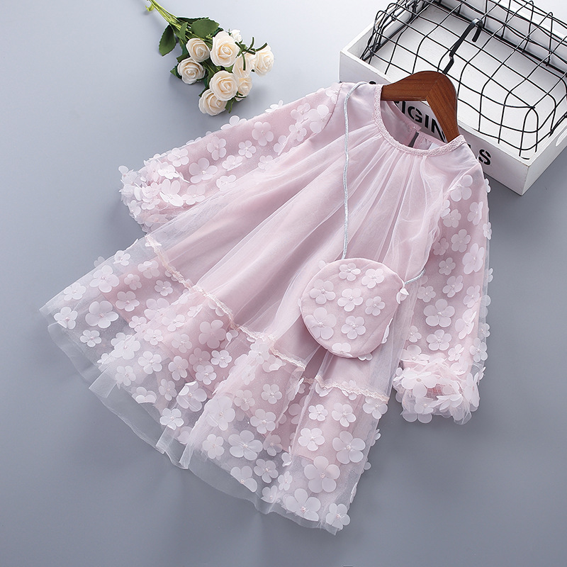 Spring new children's skirt mesh flower shiny belt bag long sleeve girls dress Korean version of a generation of hair