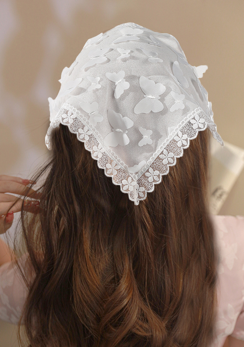 Summer Thin Flower Lace Triangle Scarf Hair Belt Women's Sweet Girl Style Hollow Bag Headscarf Solid Color Strap Hair Belt