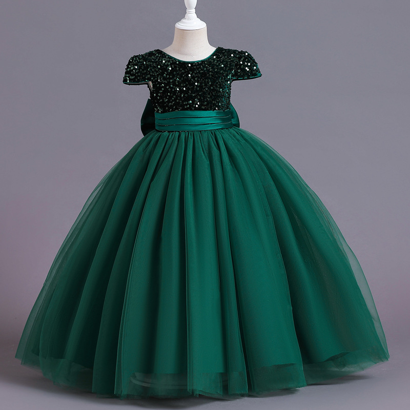 Girl's Dress Evening Dress Evening Dress Sequin Mesh Puff Dress Long Princess Dress Back Bow Sweet