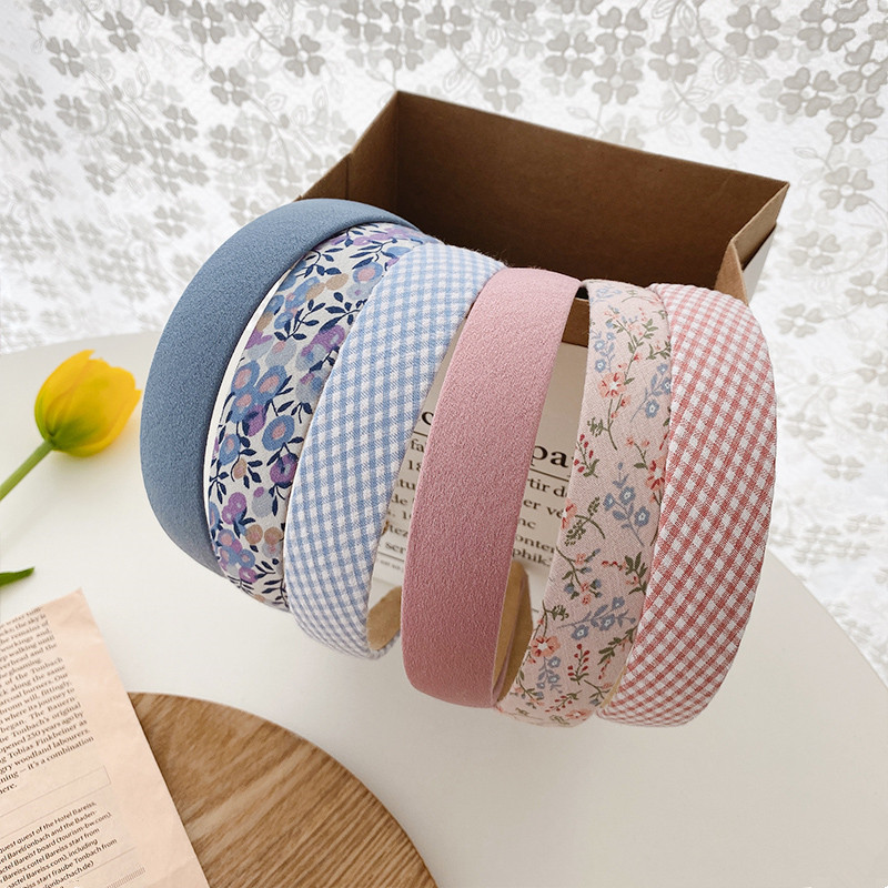 Korean style retro floral Plaid pastoral style headband versatile fresh solid color headband Mori Super fairy hair accessories butterfly