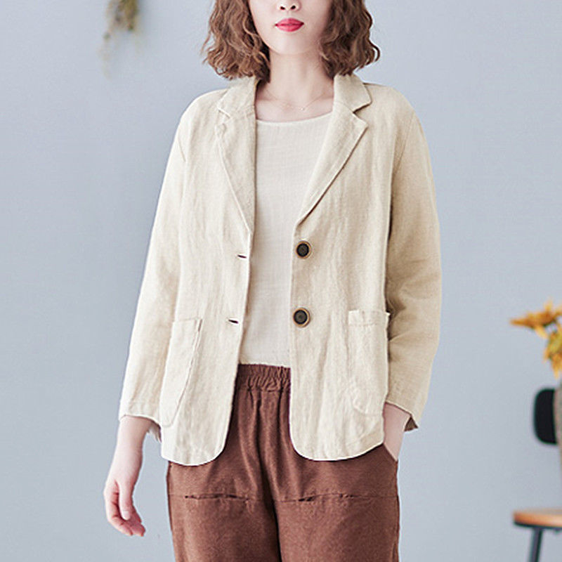 [Linen] Loose Cotton and Linen Small Suit Spring and Summer New Linen Top All-match Long-sleeved Casual Elegant Jacket for Women