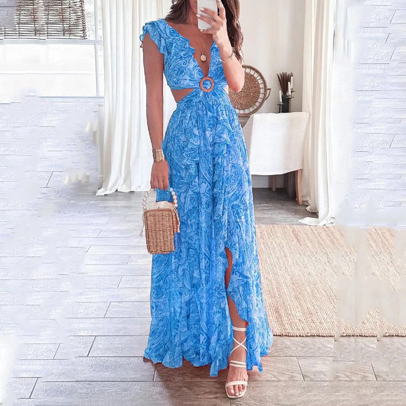 European and American Women's 2024 Cross-border Amazon Summer New Printed Deep V Sexy Waist Long Pleated Dress