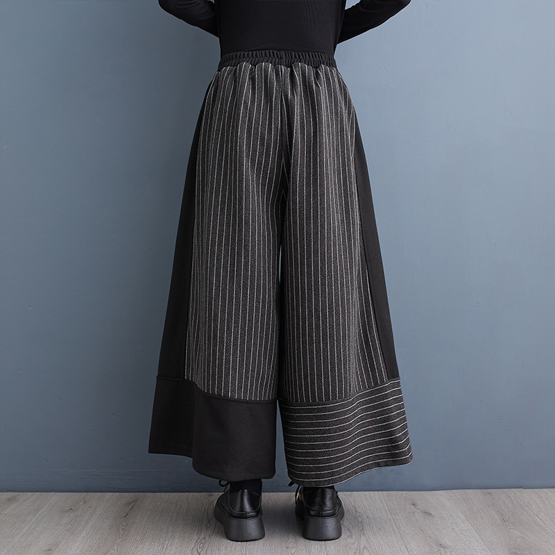 Real shot 2024 spring new black casual pants fashionable woolen narrow Hong Kong style striped stitching wide-leg pants