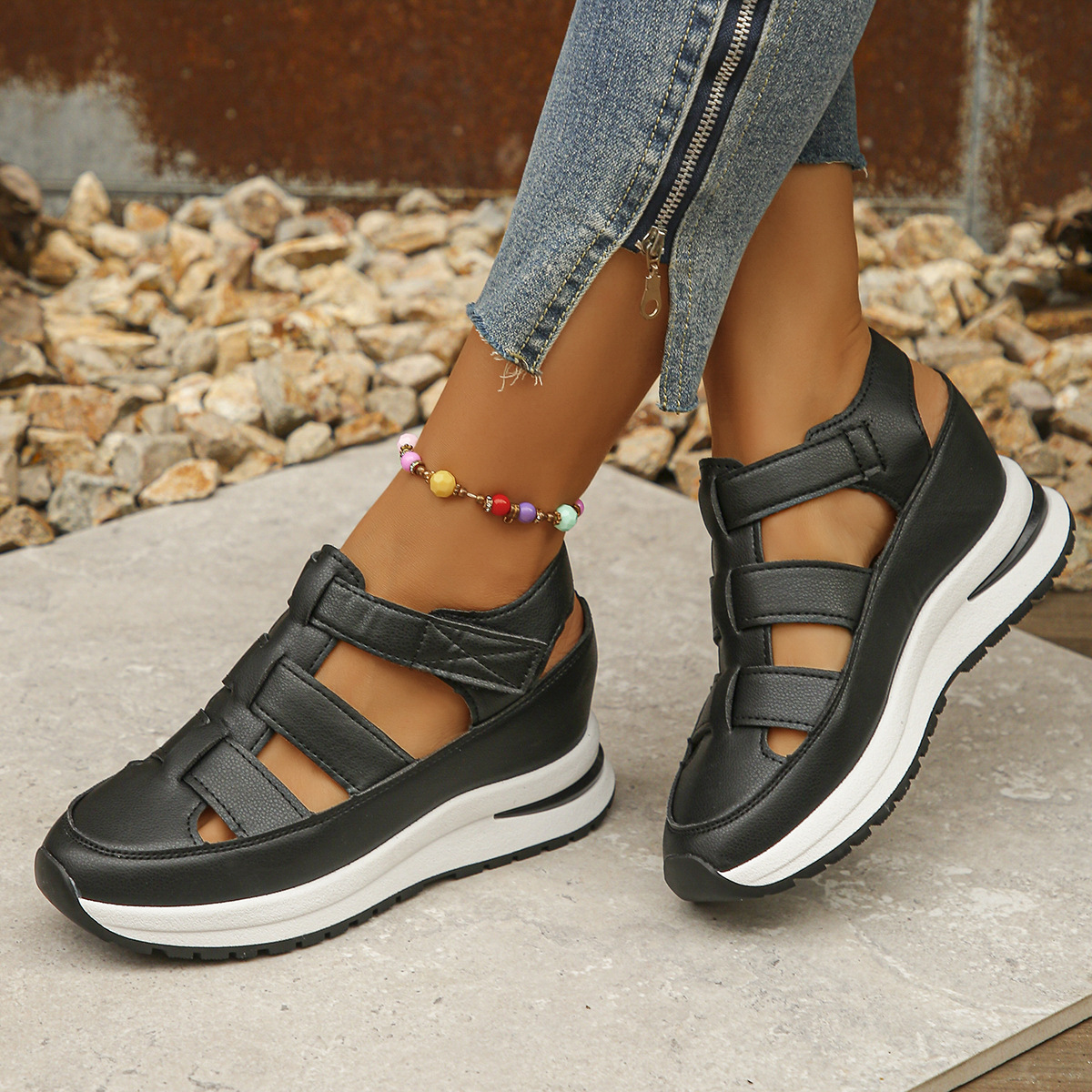 Summer New Wedge Sandals Baotou Hollow Breathable Women's Foreign Trade plus size Platform Women's Shoes with Velcro