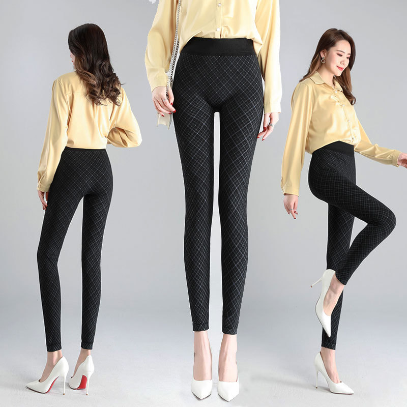 Striped plaid leggings women wear thin high waist large size slim leggings plus velvet northeast cotton pants leather wholesale