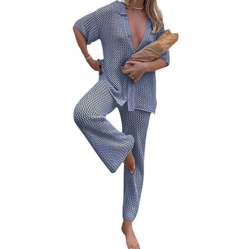 2023 Amazon cross-border AliExpress fashion sexy comfortable mesh button autumn woolen trousers short-sleeved shirt