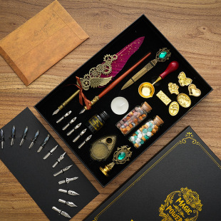 European-style British Quill Pen Set Dipped in Water Fire Paint Seal Feather Pen Gift Box Children's Day Gift Pen for Students