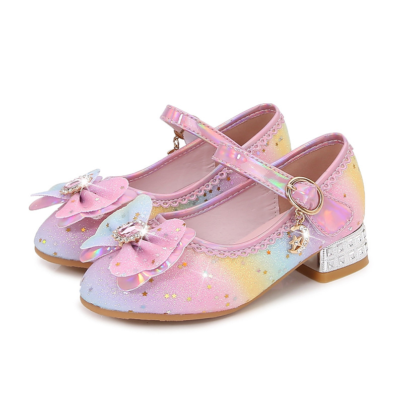 Children's rainbow princess shoes girls' high heels spring and autumn little girl's single shoes middle and big children's leather shoes Crystal children's shoes flash