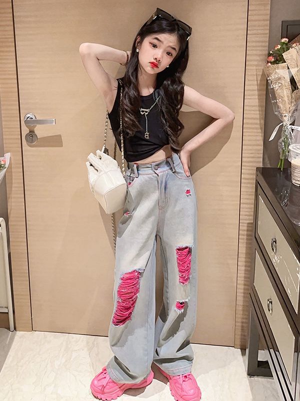女童2024夏季新款粉色破洞牛仔褲薄款寬鬆直筒美式闊腿美式褲子潮