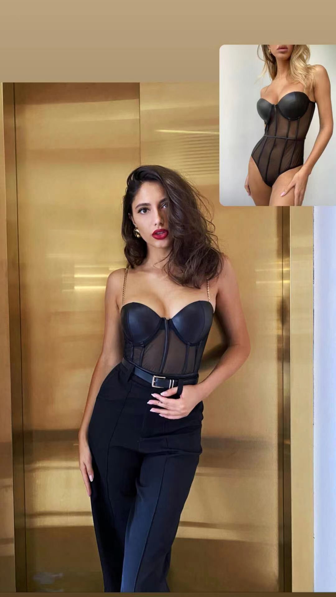European and American fashion metal chain sling top mesh thin steel support push up underwear corset jumpsuit_voghion.com