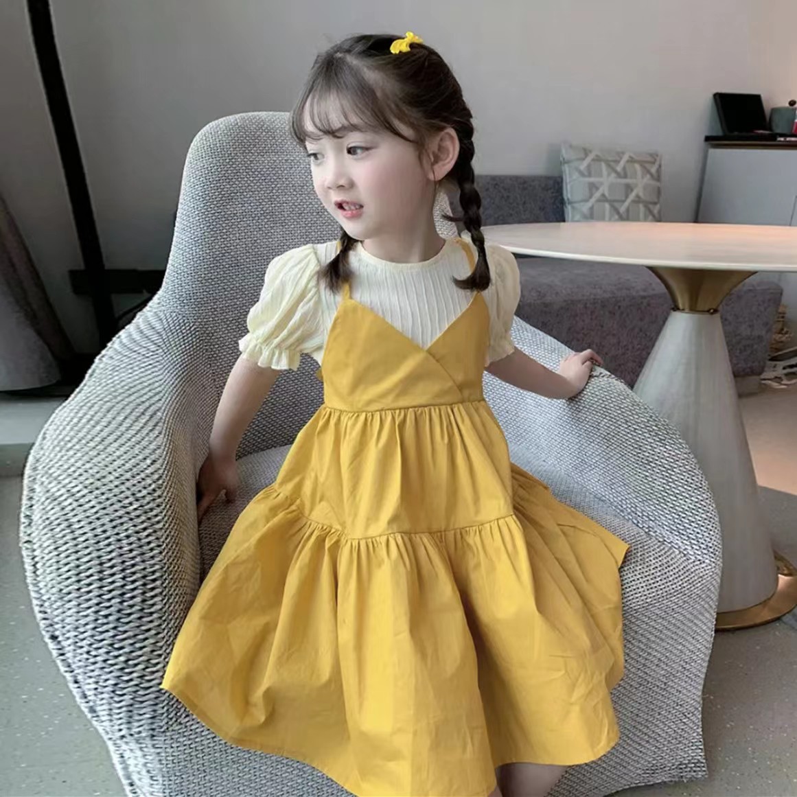 女童連衣裙假兩件2024夏季韓版洋氣中小童寶寶公主裙女孩吊帶裙子