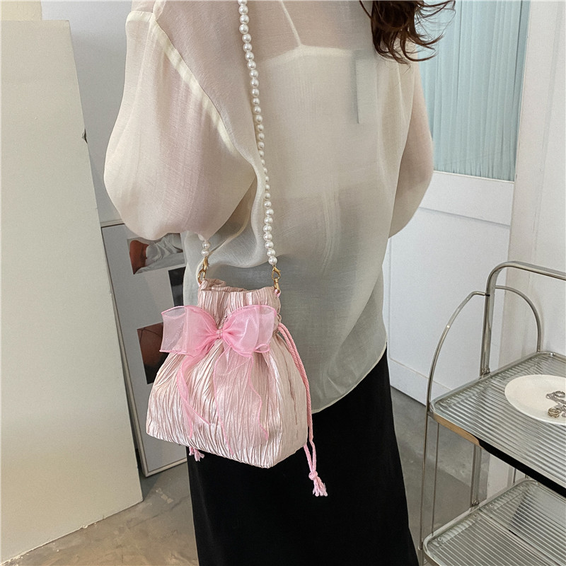 2022 Korean Style Lace Small Bag Women's Crossbody Shoulder Styish Small Bag Fairy Handbag Pearl Chain Bucket Bag