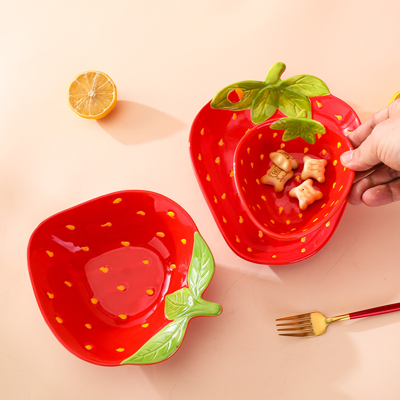 Creative ceramic strawberry bowl plate tableware cute high-looking cartoon dessert salad bowl snack plate fruit plate