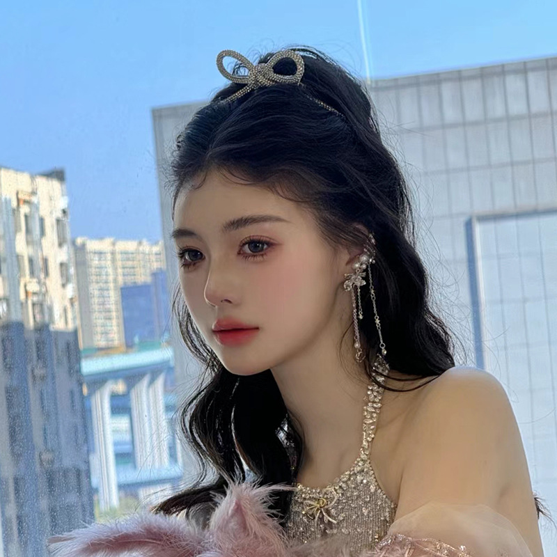 Korean Bride Full Rhinestone Bow Hairpin Luxury Fashion Simple Marubeni Head All-match Photo Wedding Hair Accessories
