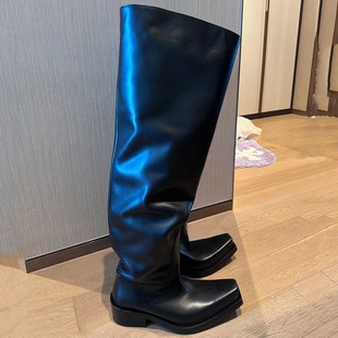 Men's and women's same square-toe motorcycle riding boots 2024 Winter new style thick-soled thick-heeled over-the-knee high-top boots