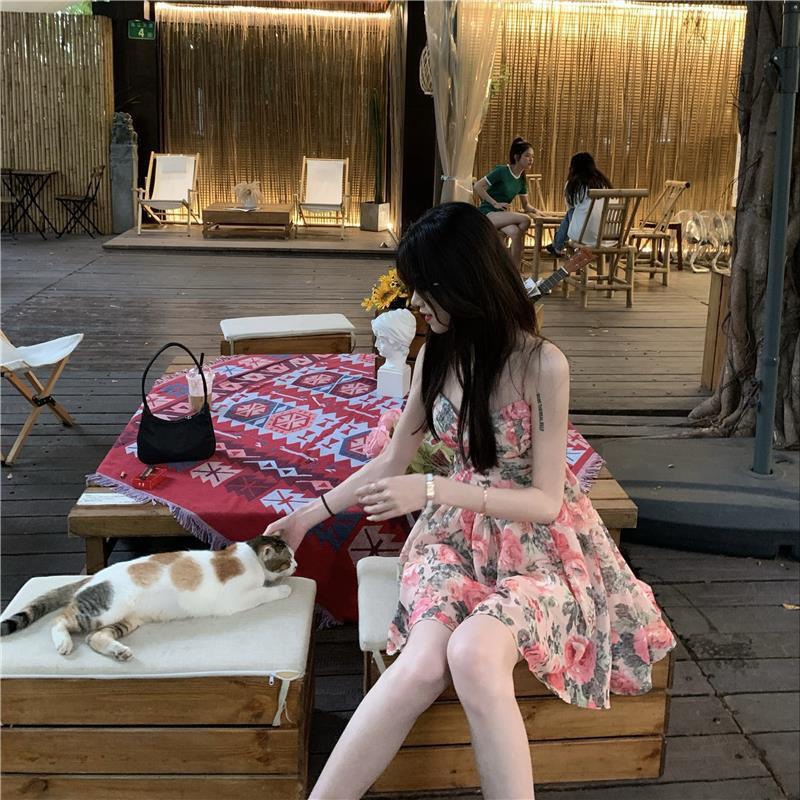 High Waist Elegant Slimming Floral Sling Dress Fairy Spring and Summer French Style New A- line Short Skirt for Small Men