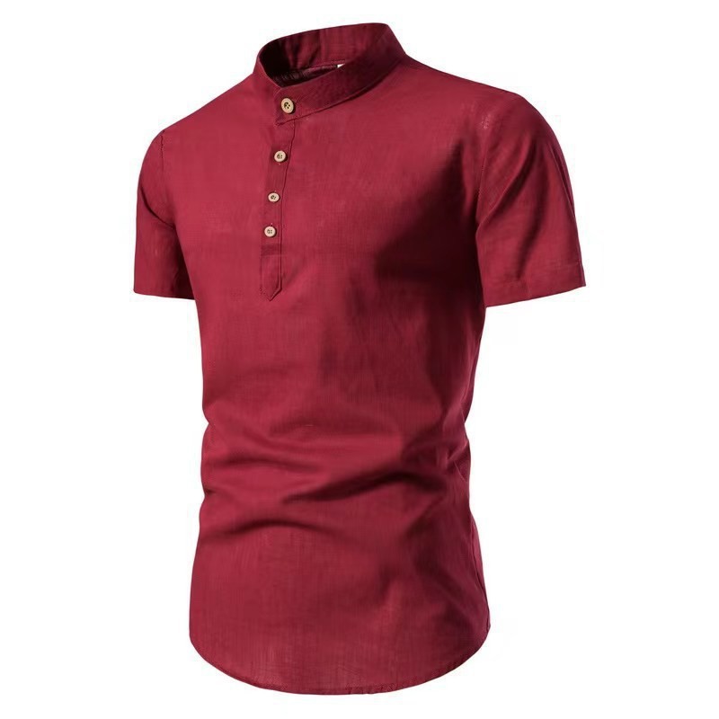 2024 shirt men's fashion slim-fit solid color short-sleeved business stand collar cotton and linen half-open men's shirt