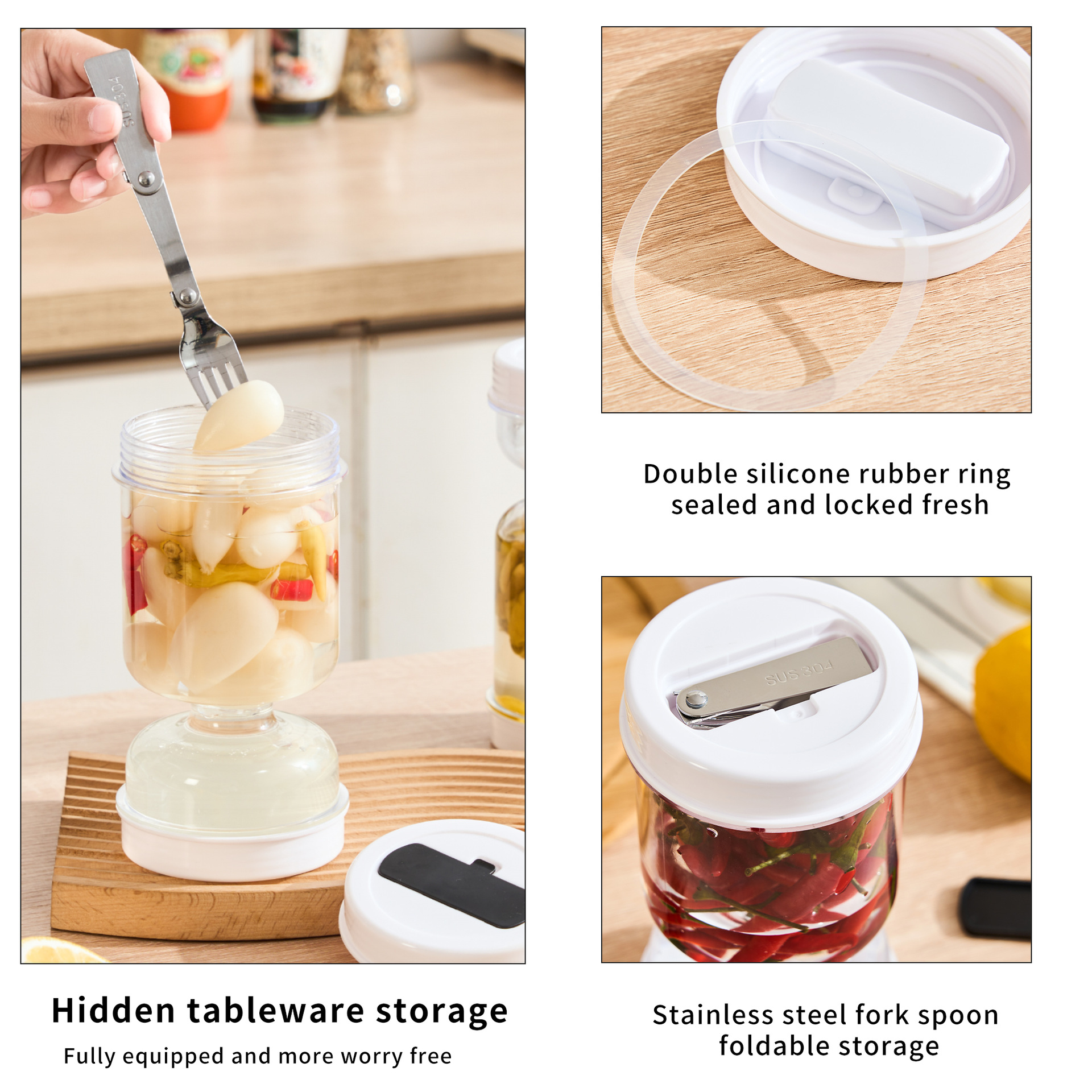 Cross-border 2023 New Dry and Wet Separation Pickle Jar with Fork Household Daily Jar