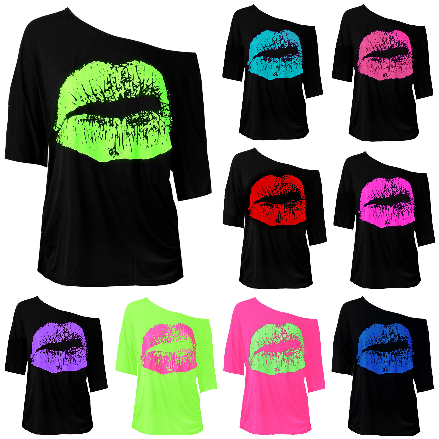Amazon European and American Spring and Autumn Women's Cross-border Nostalgia Big Lips Printing 80 s Clothing Women's Slant Shoulder Mid-sleeve T-shirt
