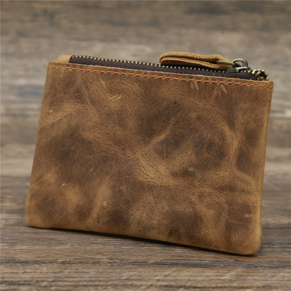 1044 Boys and Girls Genuine Leather Coin Purse Cowhide Crazy Horse Brown Brown Zipper Coin Bag Vintage Factory Outlet