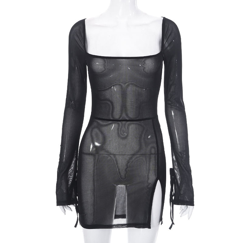 Q23DS068 European and American women's 2023 spring and summer new net mesh long sleeve split short dress wholesale women