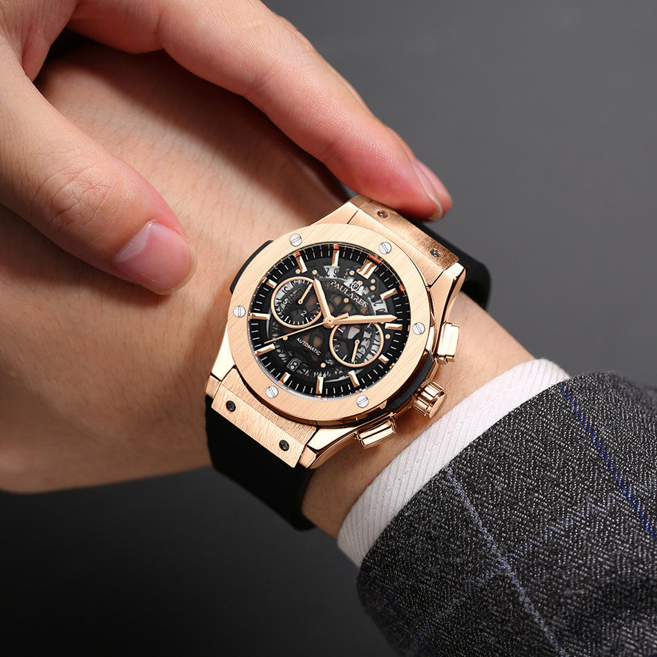  Automatic Mechanical Rubber Belt Multifunctional Running Seconds Chronograph Rose Gold Quartz Men's Watch_voghion.com
