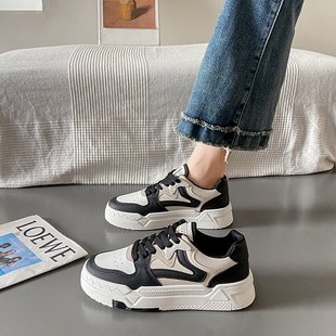 Women's thick-soled sneakers 2023 autumn new black and white student lace-up casual single-layer shoes round toe sports retro single-layer shoes for women