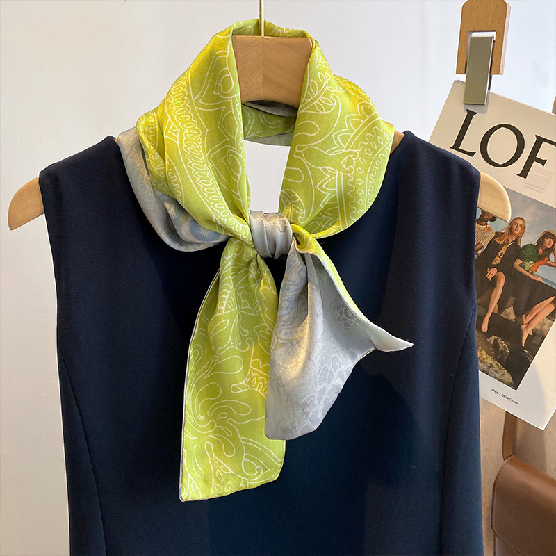 Double-layer Long Silk Scarf Ribbon 100 Mulberry Silk All-match Scarf Green Cashew Flower Women's Scarf for Mother