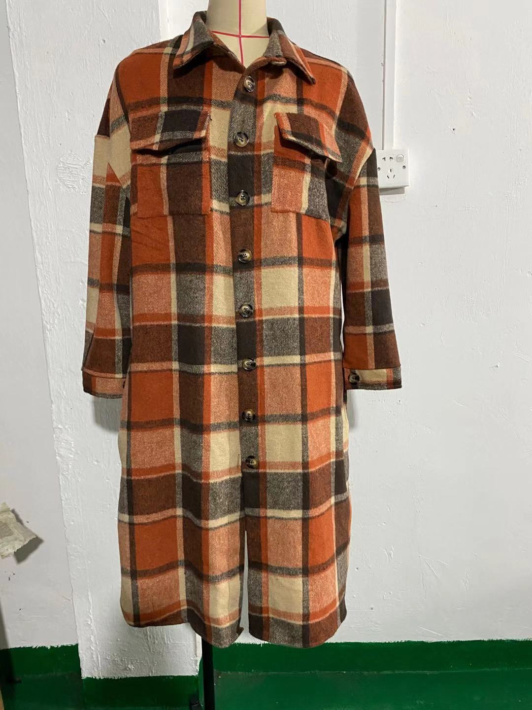 2022 autumn and winter European and American temperament windbreaker coat side slit lapel loose woolen plaid shirt coat in stock_voghion.com