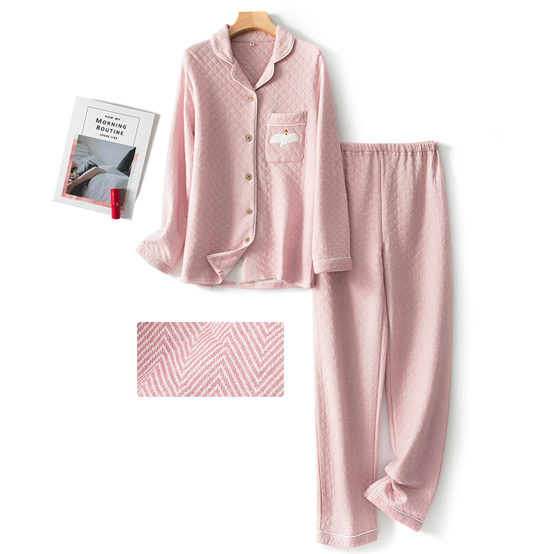 Autumn and Winter New Three-layer Warm Cotton Thickened Air Layer Embroidered Loosened Pajamas for Couple suit Home Clothes