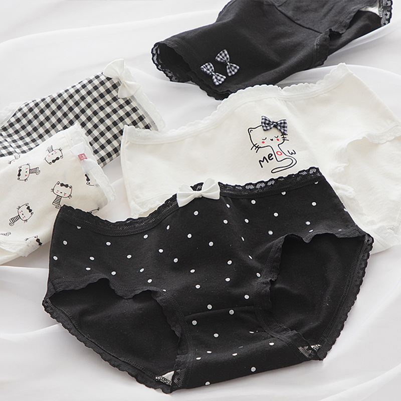 Japanese Style Simple Black and White Cat Printed Cute Girl's Underwear Women's Cotton Crotch Bag Hip Mid-waist Student's Briefs