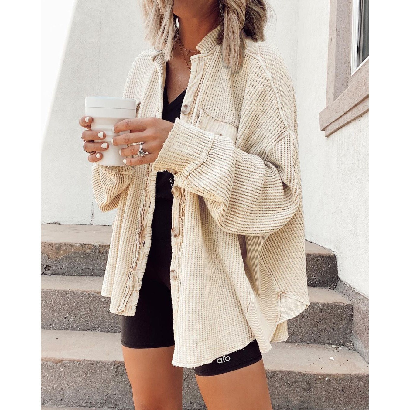 European and American Explosions 2023 eBay Amazon Women's Fashion Casual Waffle Bat Sleeve Stitching Loose Cardigan