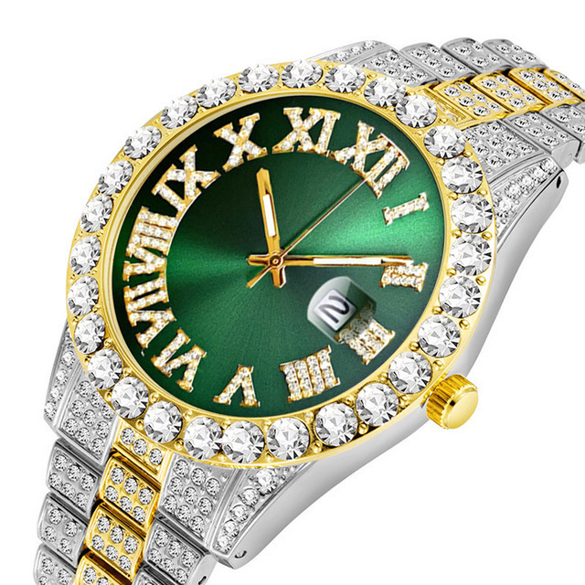 new water ghost big rhinestone Diamond Men's Watch Roman scale calendar hip-hop watch men's gold watch Green full diamond_voghion.com