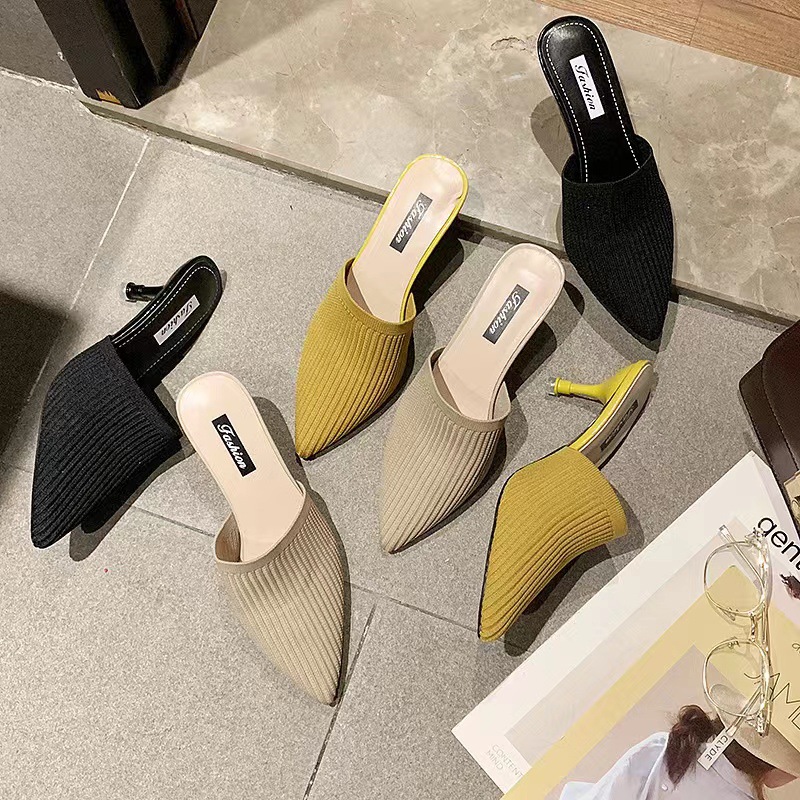 2020 New Style Slippers Women's Outer Wear Fashion Woven Retro Half Slippers Pointed Toe Covered Toe High Heel Thin Heel