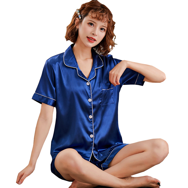 Summer Solid Color Pajamas Women's Loose Large Size Ice Silk Short Sleeve Shorts Two-piece Japanese Style Sexy Princess Style Thin Suit