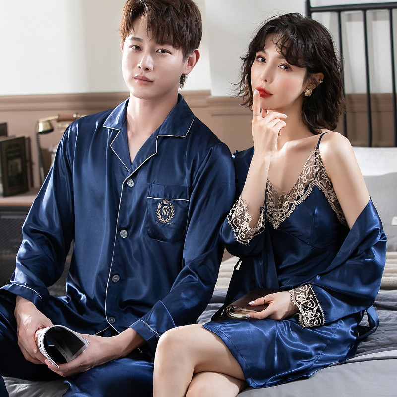 New Couple Pajamas Women's Spring and Autumn Thin Ice Silk Chest Pad Summer Men's Long-sleeved Home Clothes Imitation Silk Suit