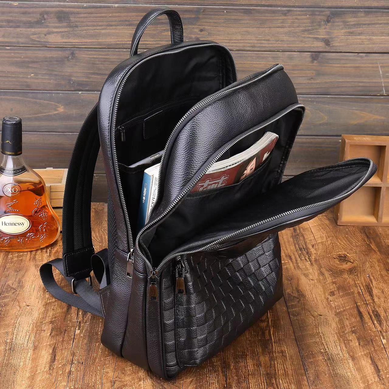 Genuine leather backpack men's checkerboard multi-function USB business backpack fashion casual large capacity backpack wholesale