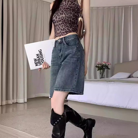 Denim Shorts Women's Trendy All-match Summer Thin New High Waist Retro Small Loose Straight Slim Look Five-point Pants