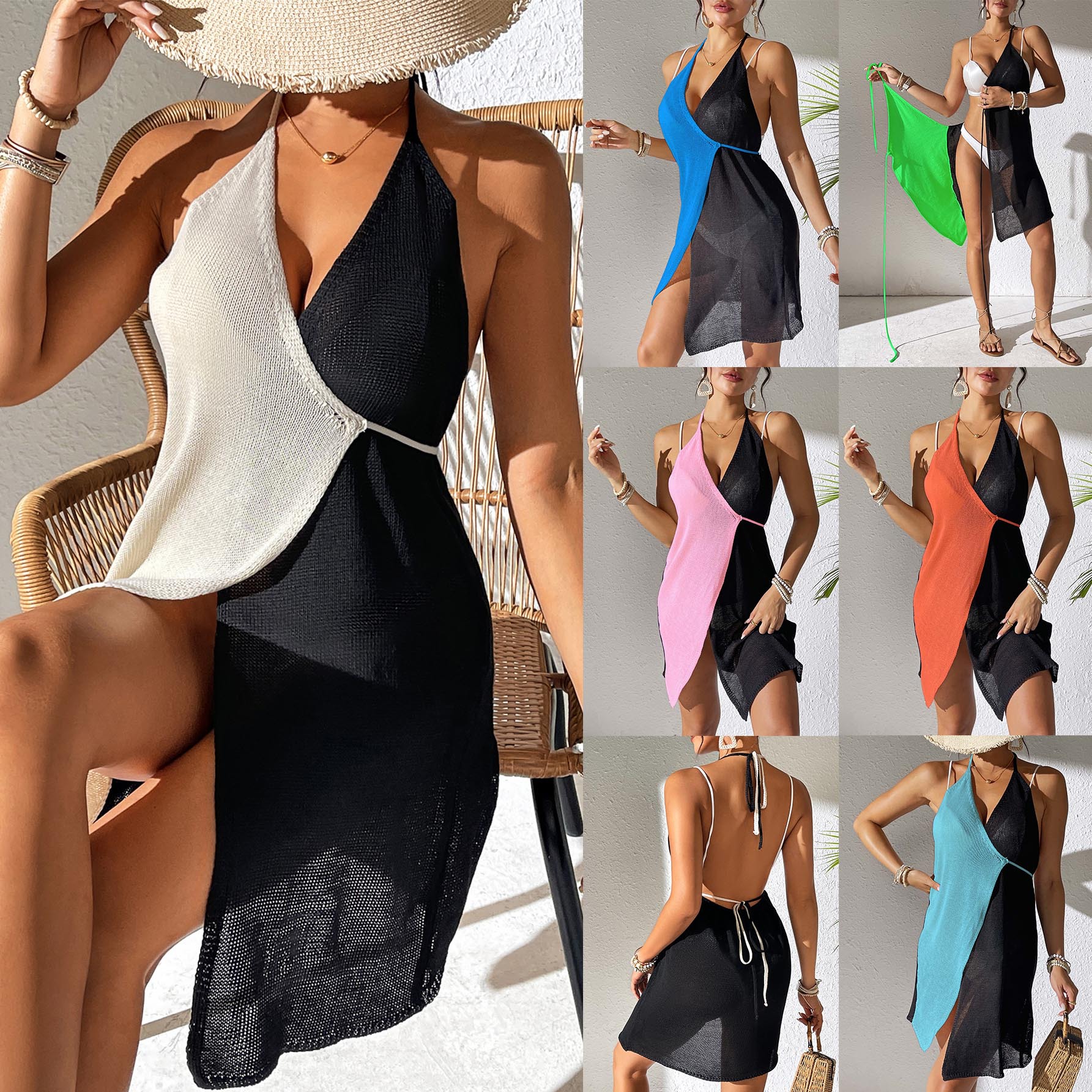 Foreign Trade Hollow Blouse Cross-border Blouse Women's Contrast Color Stitching Sexy Neck Strap Irregular dress