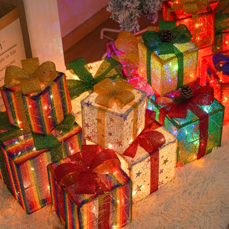 新款圣诞节礼物盒三件套装饰灯圣诞节室内装饰布置彩灯发光礼物盒
