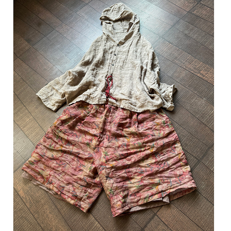 235 Original Women's Double-Layer Ramie Casual Loose Shorts Artistic Retro Versatile Printed Wide-Leg Pants