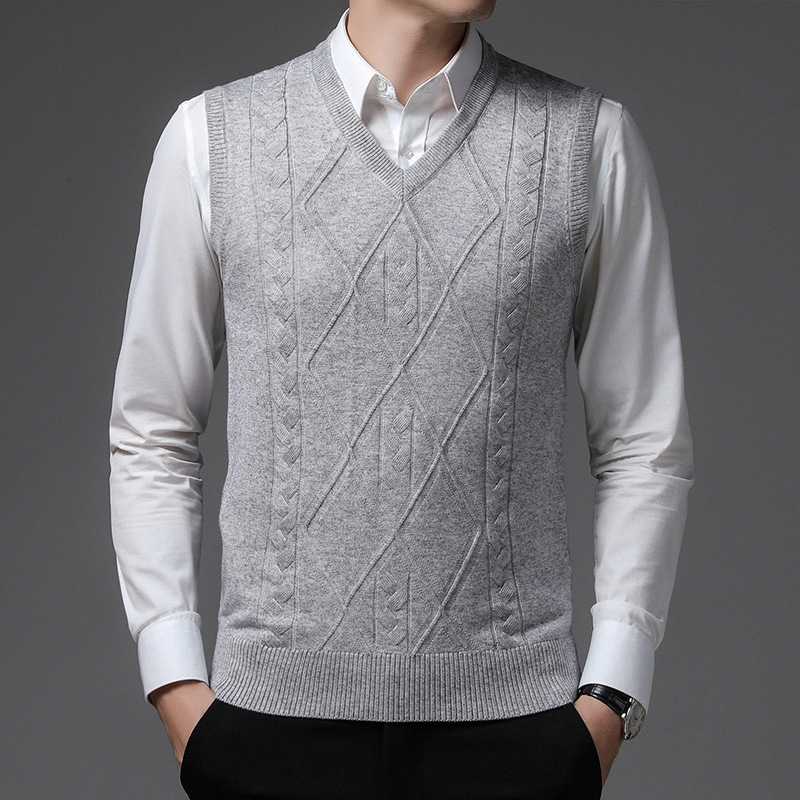 2023 autumn new wool vest men's middle-aged jacquard business casual pullover men's V vest dad outfit